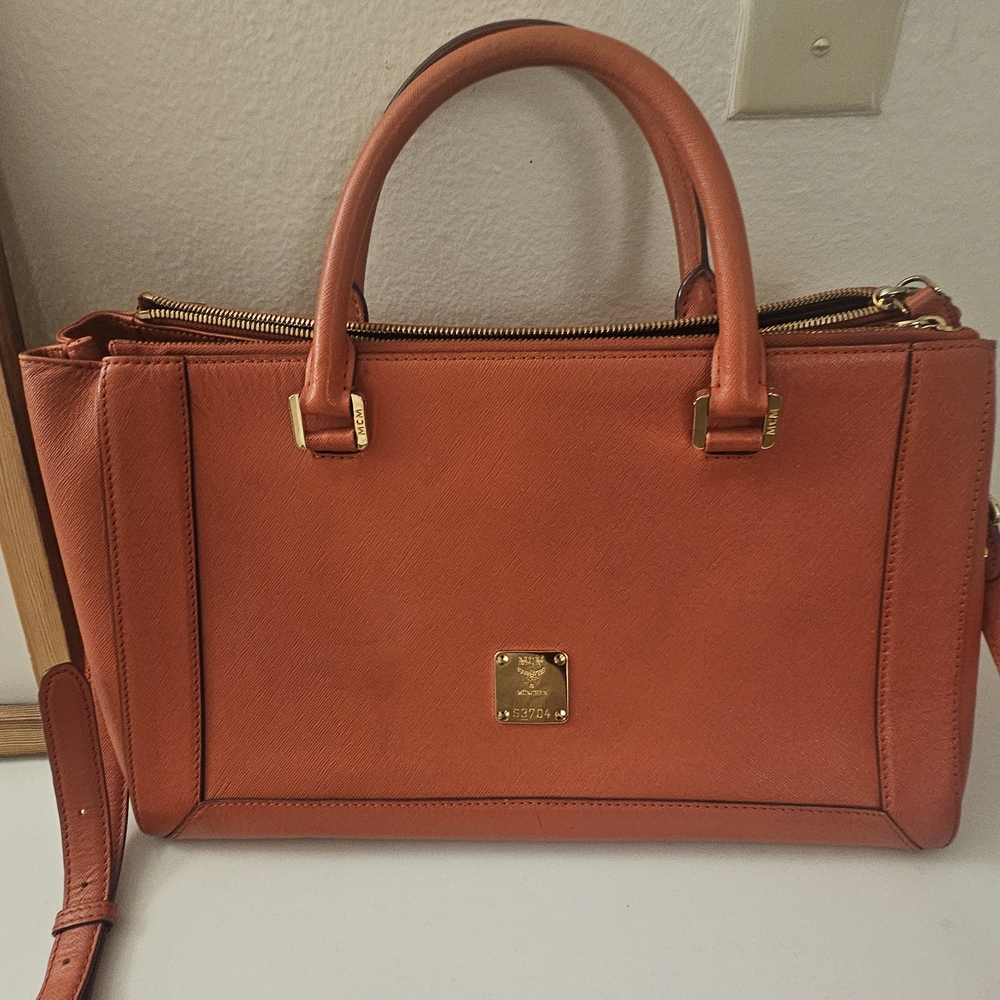 MCM Orange Satchel with Gold Accents